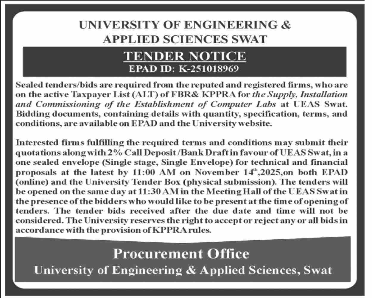 University of Engineering & Applied Sciences Swat Tender Notice
